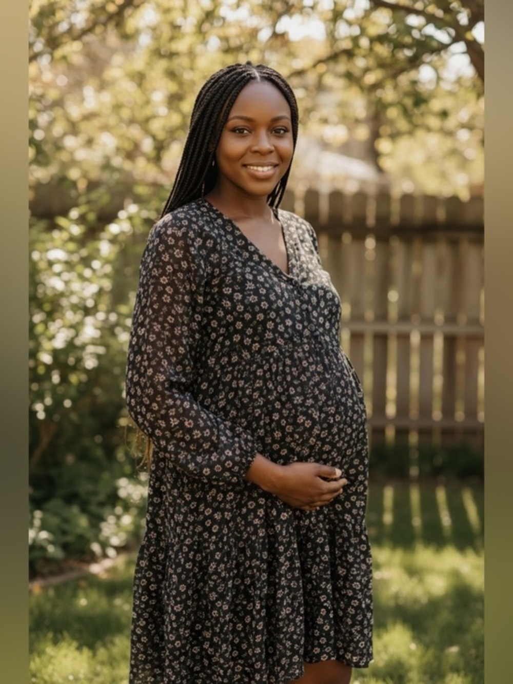 Sheer Black Floral Maternity Dress - Lightweight V-Neck Long Sleeve Boho Casual